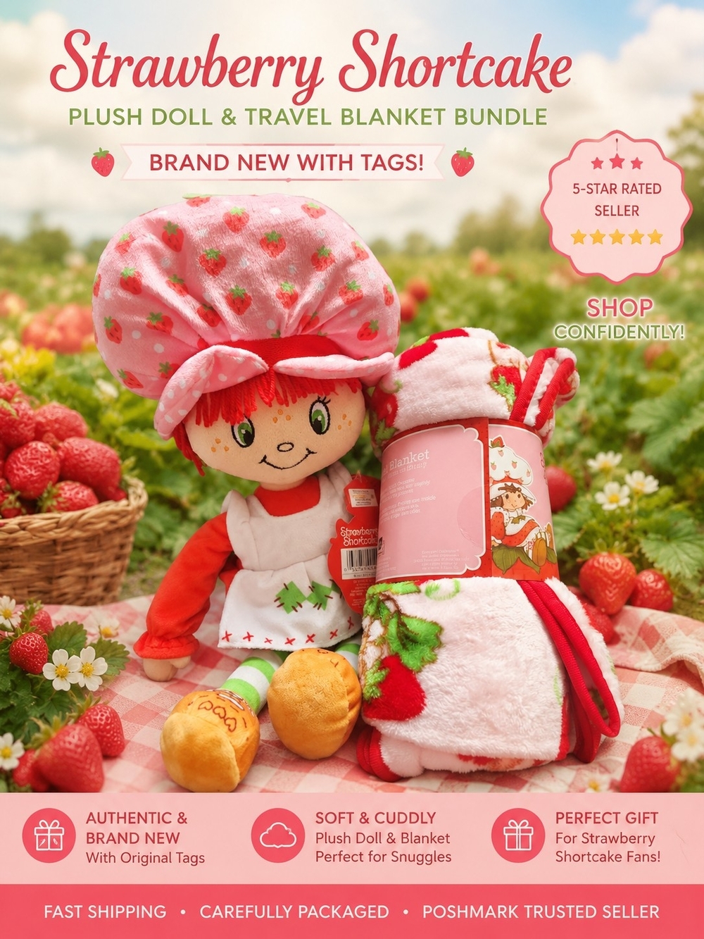 Strawberry Shortcake Plush Doll & Travel Blanket Bundle - Pink/Red/Green